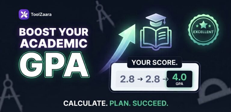 Boost Your Academic GPA Calculator - Calculate, Plan, Succeed. An infographic showing a 4.0 GPA target score, graduation cap, and academic evaluation elements.
